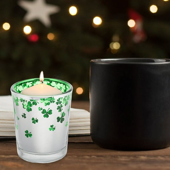 HOMEMAXS St Patricks Day Glass Candle Holder Green Shamrock Pattern Tealight Holder for Festive Table Centerpiece Decor