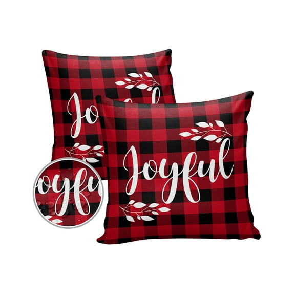 Pack of 2 Outdoor Pillow Covers, Christmas Red and Black Buffalo Plaid Waterproof Square Throw Pillowcase Cushion Decorative Pillow Covers for Couch Patio Tent, 18x18 in