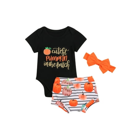 

JYYYBF 0-18M 3pcs Infant Baby Girls Boys Halloween Clothes Sets Letter Pumpkin Printed T Shirts Tops Striped Shorts Headband Black 12-18 Months