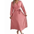 thumbnail image 3 of Women'S Polka Dot Wrap V Neck Belt Long Sleeve Pleated Maxi Dress Flowy Casual Long Dress Pink L, 3 of 9