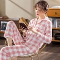thumbnail image 1 of Women Loose Button Down Long Sleeve Pajamas Set Sleepwear, 1 of 3