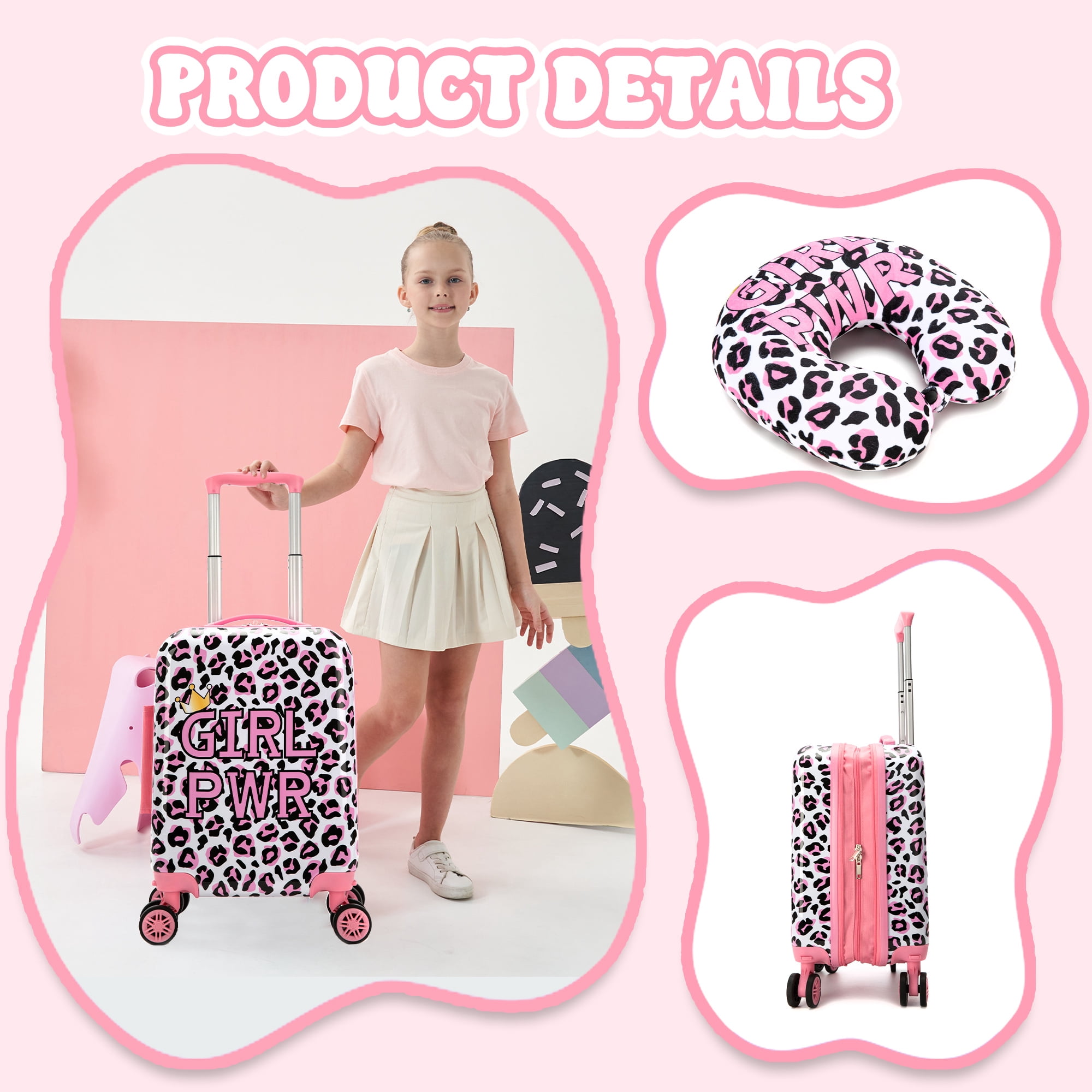 Kids Carry on Luggage Sets for Girls with Travel Neck Pillow School Backpack,Pink Suitcases with Wheels Hardshell Suitcase Set Airline Approved 16 Inch