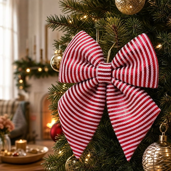 Red Large Sequin Striped Bow Decor 13.4x9.8in Sparkly Glitter Bow Ornament for Christmas Tree Wreath Door Holiday Party