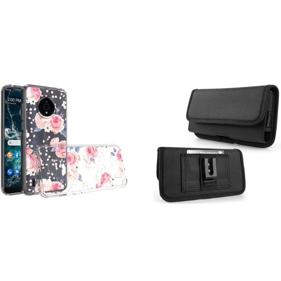 Case and Pouch Bundle for Nokia C200: Slim Series TPU Protector Case (Vintage Pink Floral) and Horizontal Rugged Nylon Belt Holster