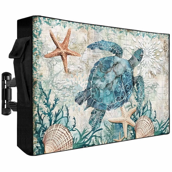 Outdoor TV Cover 58x37x4.5in, Sea Turtle Starfish Shell Coral Weatherproof TV Screen Protector with Zipper, Summer Ocean Animal Outside Television Cover Fits Up to 60-65"