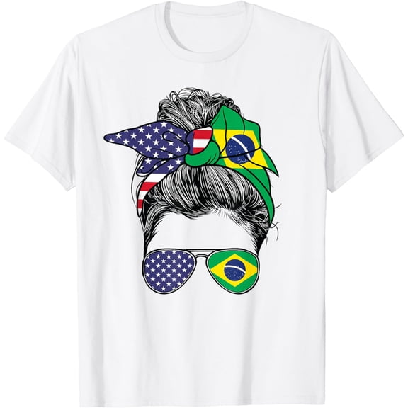 Brazilian Women Girl USA Heritage American Brazil Flag T-Shirt