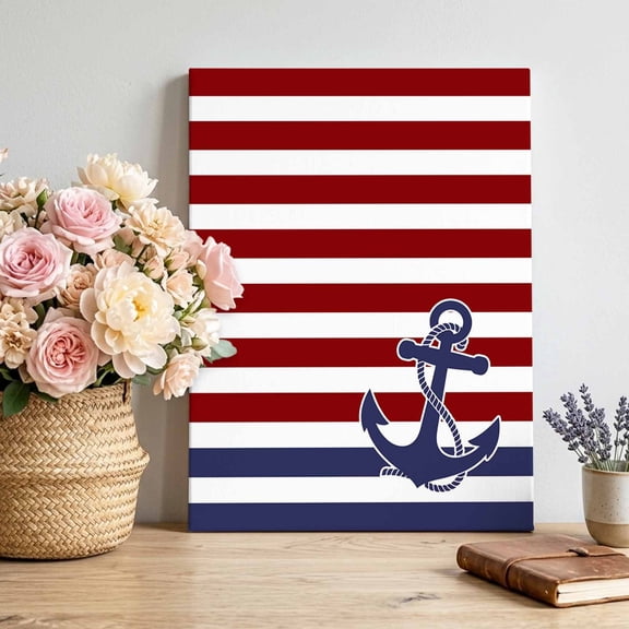 Canvas Wall Art Blue Anchor Canvas Art Print Costal Red White Blue Stripes Background Pictures Wall Decor for Living Room Bedroom Artwork Decorations Stretched Framed Ready to Hang 22"x28"