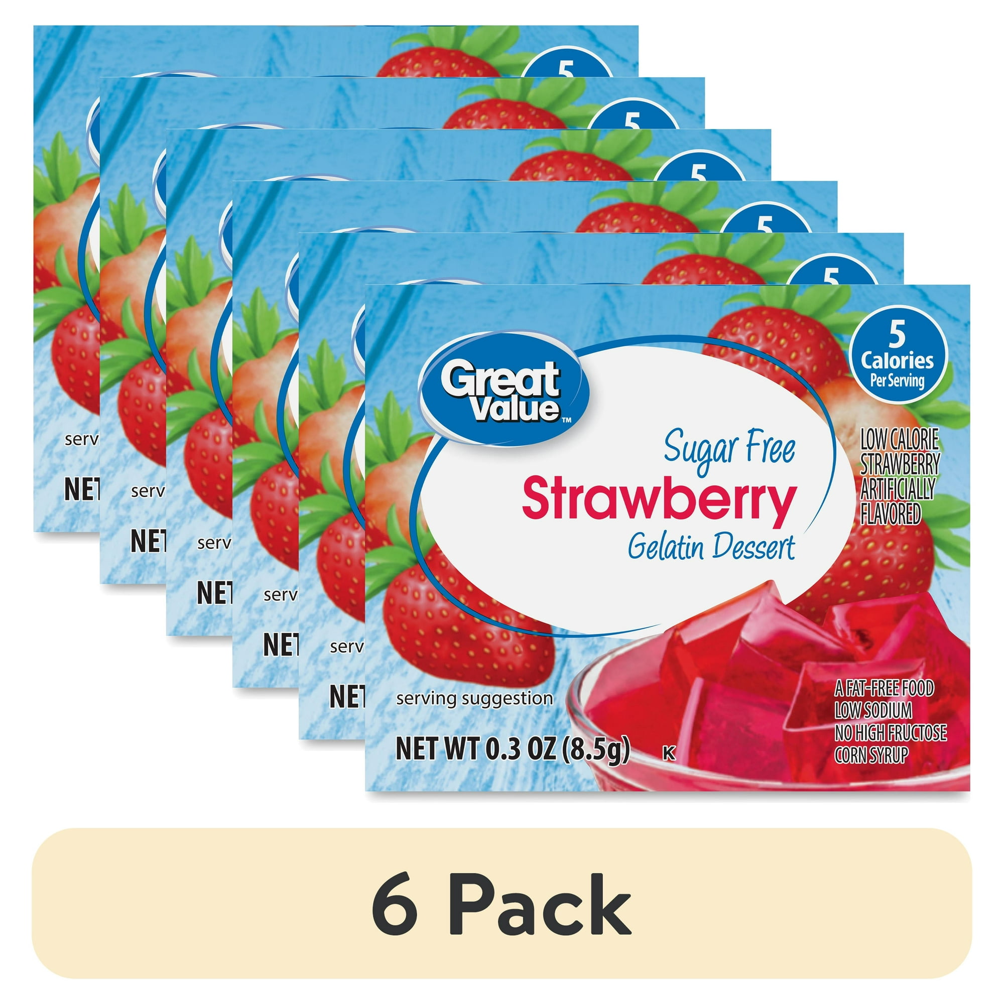 (6 pack) Great Value Sugar Free Strawberry Gelatin Dessert, 0.3 oz