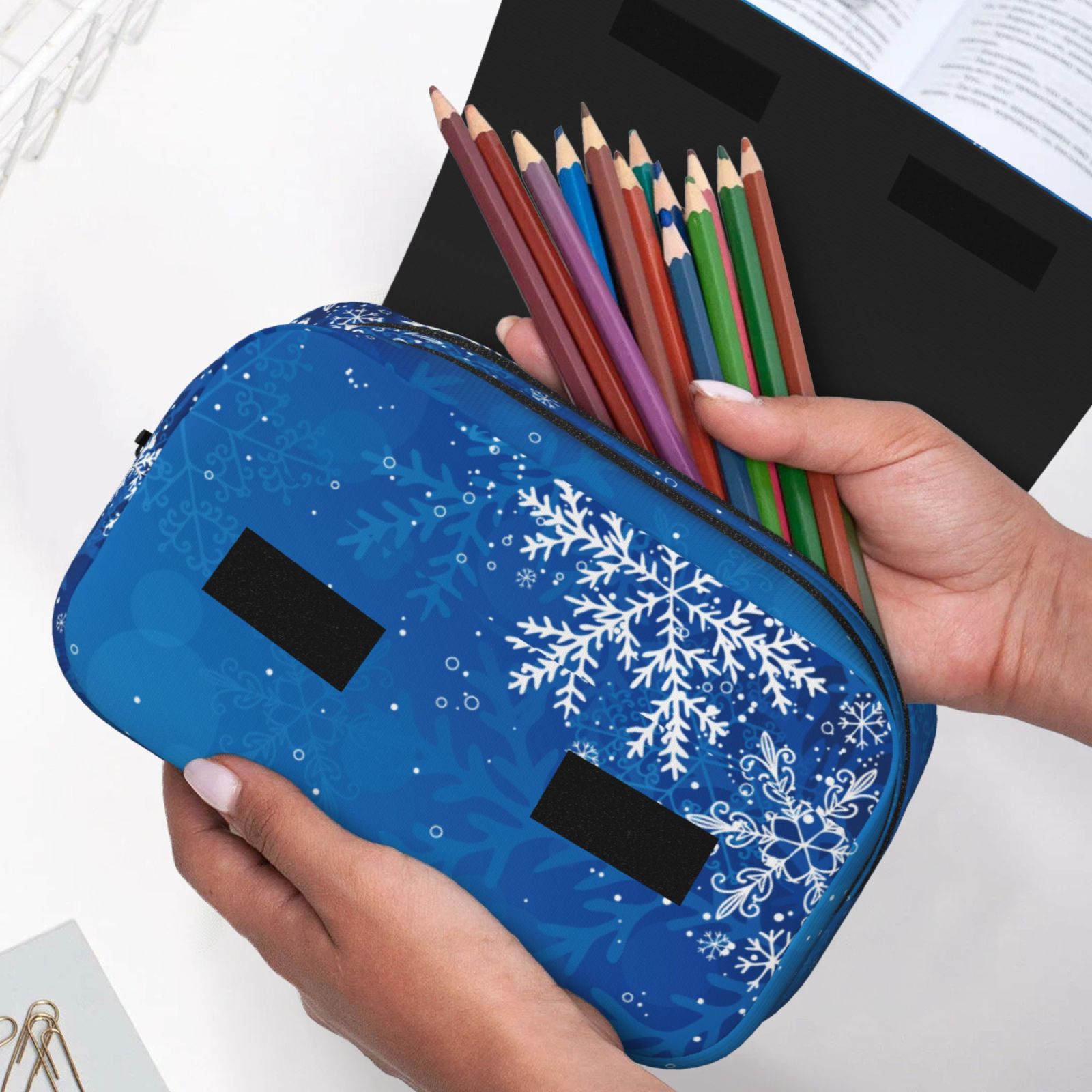 Rateoe Blue Christmas With Snowflakes Pattern Double Clamshell Pen Case, Storage Organizer with Two Zipper Compartments– Holds Up to 50 Pencils & Pens