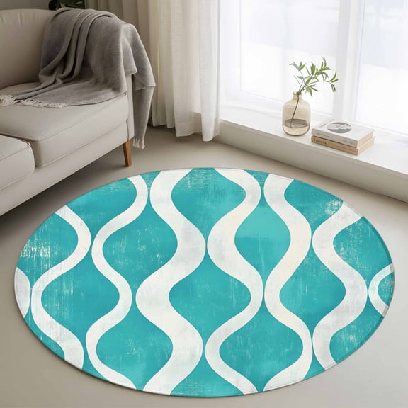Round Rugs 4Ft, Teal Wave Round Area Rug Washable Indoor Throw Carpet, Modern Abstract Art Farmhouse Soft Non Slip Circle Rug for Kitchen Nursery Room Home Decor Aesthetic
