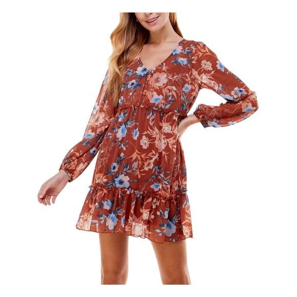 CITY STUDIO Womens Brown Sheer Button Front Ruffled Tiers Lined Floral Long Sleeve V Neck Short Fit + Flare Dress S