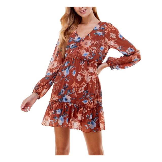 CITY STUDIO Robe Courte Ajustée + Évasée à Manches Longues à Volants Doublée à Boutons pour Femmes Marron Transparent Floral S