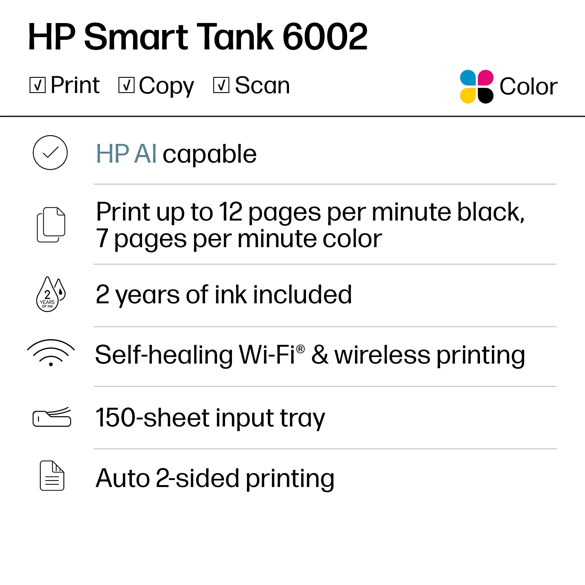 HP Smart Tank 6002 Wireless All-in-One Cartridge-Free Ink Tank Printer, 2 Yrs Ink Incl, Surf Blue