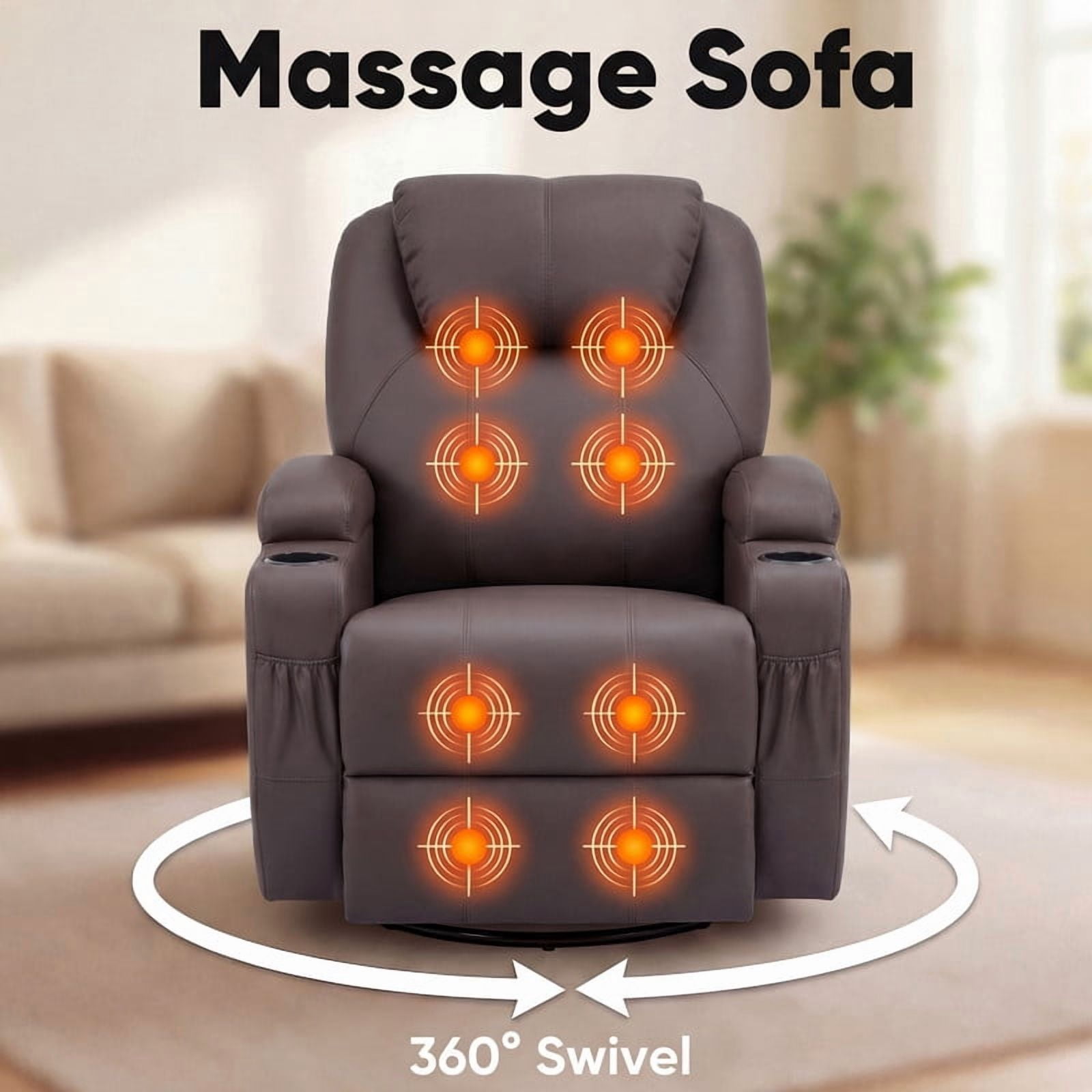 Lacoo PU Leather Swivel Rocker Recliner with Massage for Living Room Small Spaces Lounge Recliner Chair with Side Pockets for Adults,PU Brown