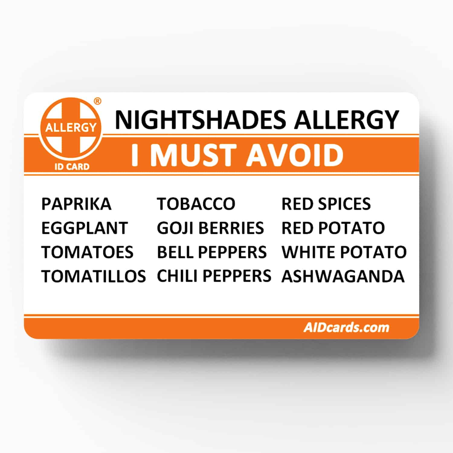 Allergy ID Card Nightshades Allergy