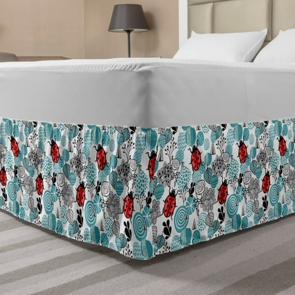 Ladybugs Bed Skirt, Romantic Elements Flowers Roses Bugs Abstract Pattern in Doodle Style, Elastic Bedskirt Dust Ruffle Wrap Around for Bedding Decor, 4 Sizes, Pale Blue Red Black, by Ambesonne