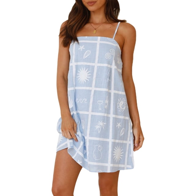 SUNSIOM Femmes Été Sans Manches Mini Robe Spaghetti Bretelles Dos Nu Graphique Imprimer une Ligne Robe Plage Robe de Soleil