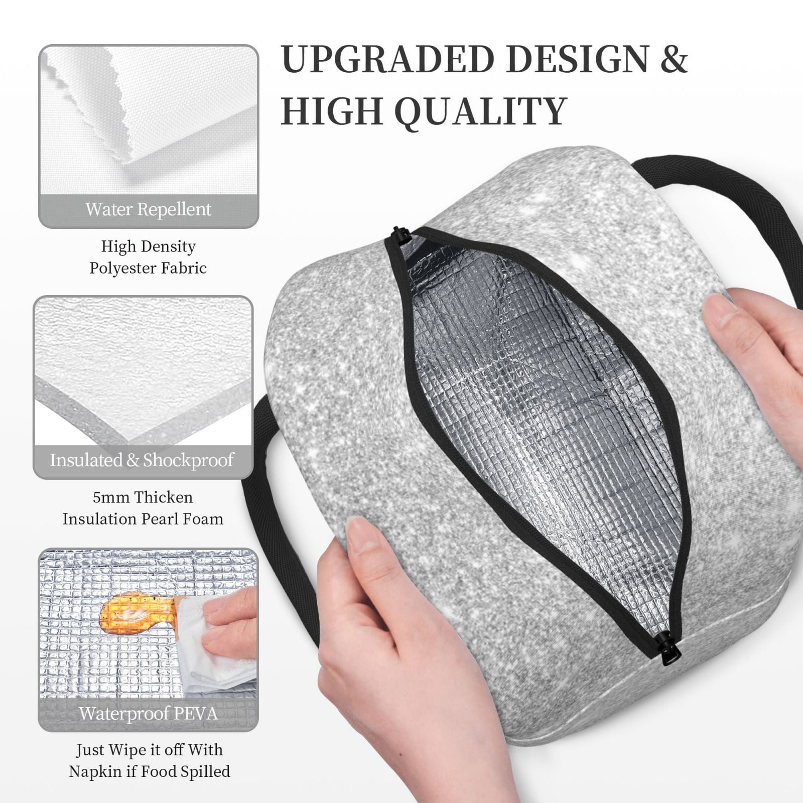 Logiee Silver Glitter Print Lunch Bag for Women & Men,Adult Insulated Lunch Box,Food Lunch Containers,Reusable High Capacity Lunch Tote Bags for Work, Travel, Outdoor
