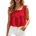 thumbnail image 3 of Hesxuno Ruffle Tank Tops for Women Eyelet Summer Sleeveless Tees Chiffon Cropped Sleeveless Tops Square Neck Lace Fashion Tanks Red M, 3 of 7