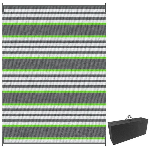 GVN Floor Rug,Indoor Door Mat,Reversible Outdoor Rug, 9'x 12' Waterproof Straw Floor Mat, Portable RV Camping Carpet, Green & Gray Stripes