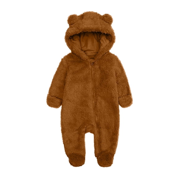 Riecok Baby Boy Girls Winter Warm Rompers Fleece Thick Jumpsuit Cute Bear Ears Hooded Solid Footed Sleepers Infant Onesies Brown 3 Months