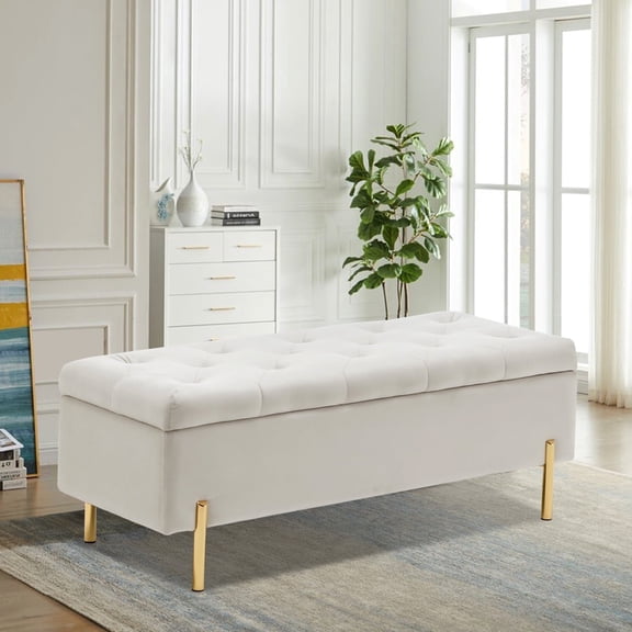 Velvet Storage Ottoman Bench, End of Bed Bench Upholstered Storage Bench for Bedroom Entryway Living Room, Ivory