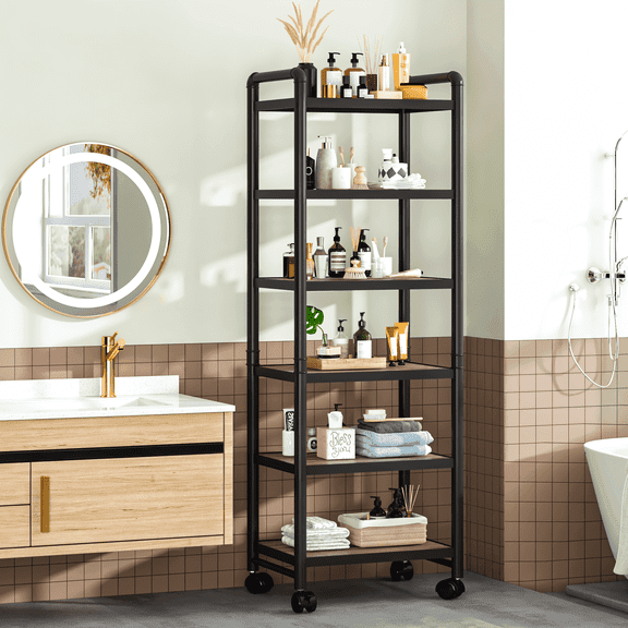 Baxluxe Adjustable 6-Tier Storage Shelves with Wheels, Narrow Tall Bathroom Shelves, Metal Frame Organizer Shelf with Wood Shelves for Kitchen, Garage, 12"Lx16"Wx63" H