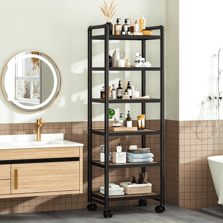 Baxluxe Adjustable 6-Tier Storage Shelves with Wheels, Narrow Tall Bathroom Shelves, Metal Frame Organizer Shelf with Wood Shelves for Kitchen, Garage, 12"Lx16"Wx63" H
