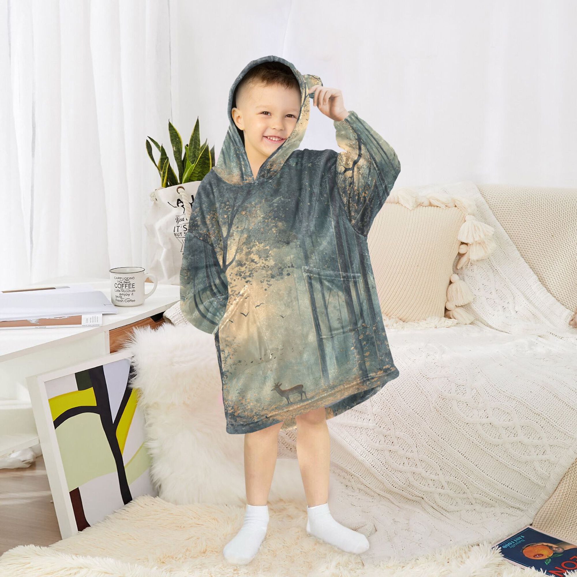 FORMRS Wearable Blanket Hoodie with Sleeves for Kids Cozy Flannel Sweatshirt, Retro Forest