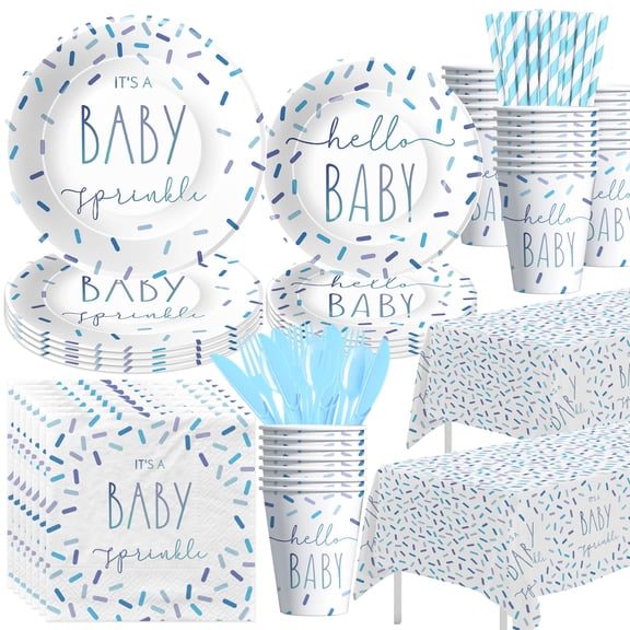 Owelleny Sprinkle Baby Shower Decorations Tableware for Boy, Blue Confetti It's a Baby Sprinkle Party Decorations Supplies, Paper Plate, Napkin, Cup, Disposable Cutlery, Tablecloth, Serves 24 C113
