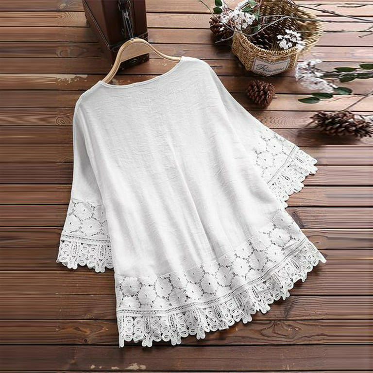 Womens Lace Crochet Eyelet Tops Flowy Short Sleeve Plus Size Casual 3/4  Bell Sleeve T Shirts Blouses 