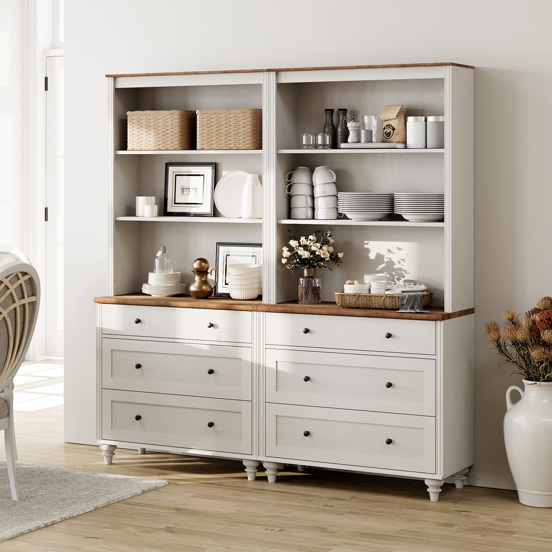 Kitchen Pantry Cabinet with 6 Drawers, Farmhouse Storage Cabinet with Adjustable Shleves for Kitchen, Living Room, Bedroom, Home Office, White