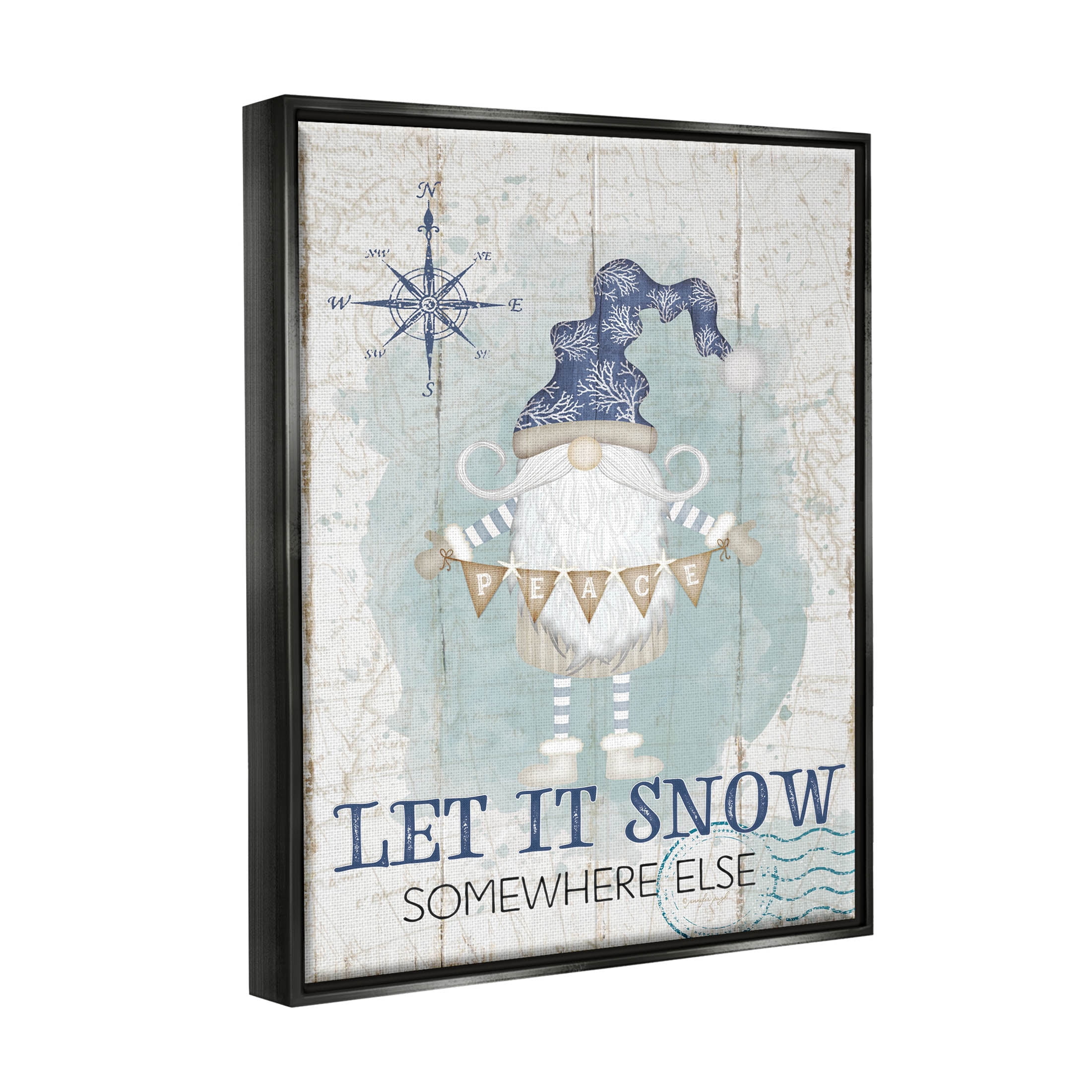 Stupell Industries Let It Snow Somewhere Else Gnome Graphic Art Jet Black Floating Framed Canvas Print Wall Art, Design by Jennifer Pugh