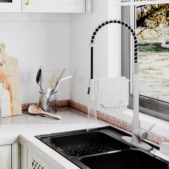 Boyel Living Kitchen Faucet in Matt White, 2-Mode Sprayer Spring Kitchen Sink Faucet with Towel Rack, Kitchen Faucet for Kitchen Sink