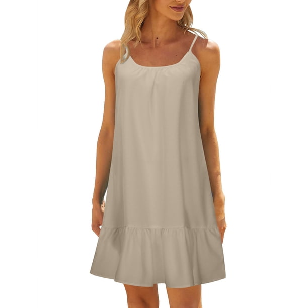 Mini vestido camisola sin mangas y sin espalda para mujer, para la playa, de poliéster, con volantes en el dobladillo, para cubrir el bikini, para llevar en vacaciones y en fiestas en la piscina.
