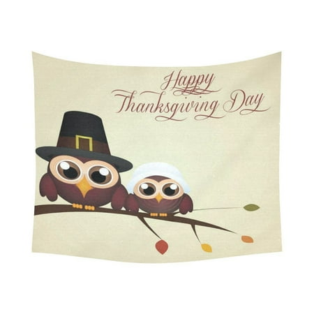 Owl Decor For Bedroom GCKG Cute Owl Branch Happy Thanksgiving Day Tapestry Horizontal Wall Hanging Abstract Holiday Wall Decor Art for Living Room Bedroom Dorm Cotton Linen Decoration 51 x 60 Inches ()