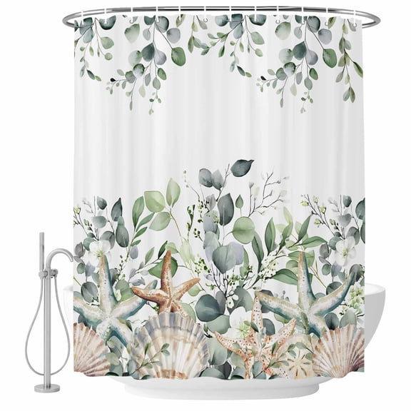 Sage Green Ocean Shower Curtain Set - Small 36" x 72" Washable Bathtub Curtain with 12 Hooks, Coastal Eucalyptus Starfish Shell Waterproof Fabric Stall Shower Curtains for Bathroom/Bathtub Décor