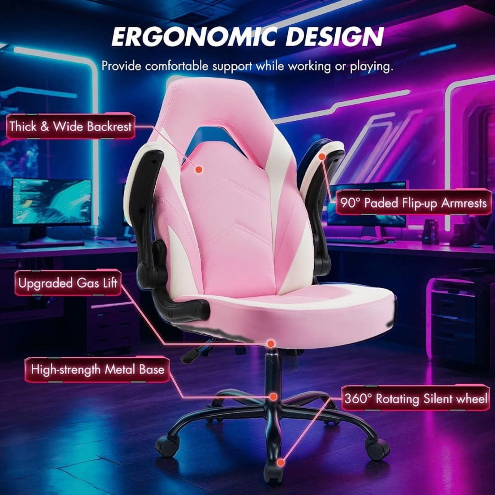 Beddle Gaming Office Chair, Ergonomic PU Leather High Back Swivel Computer Desk Chair with Flip-up Arms, Lumbar Support, White Pink