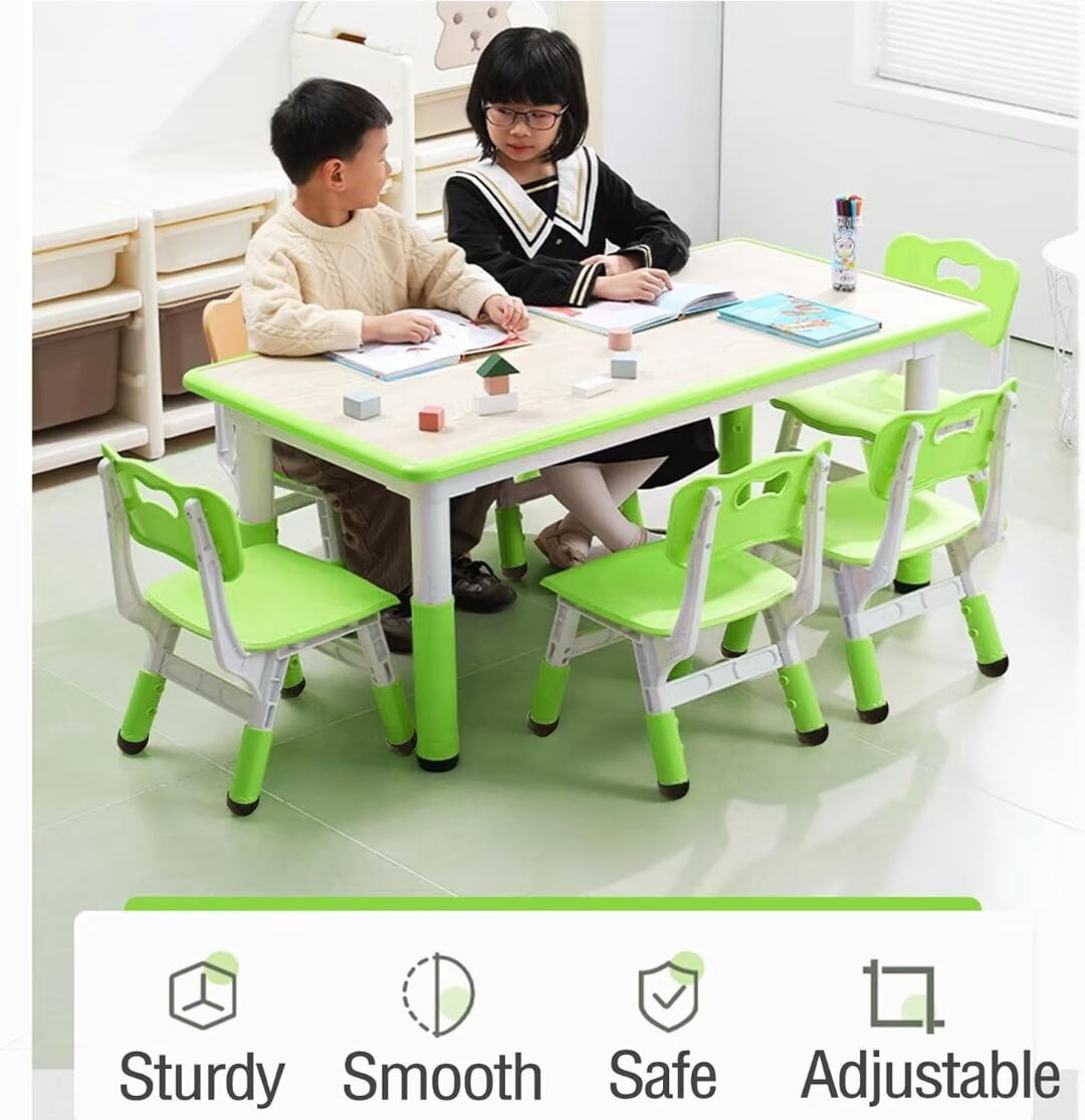 Kids Table and 6 Chairs Set, Height Adjustable Toddler Table and Chair Set for Ages 2-10, Children Multi-Activity Table