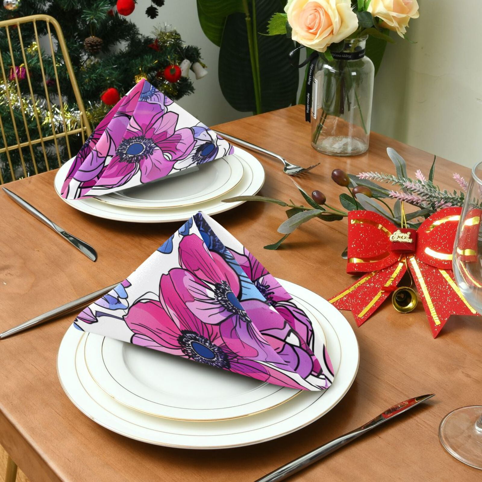 JSTEL Anemone Flower Pink & Purple Cloth Napkins Set of 6, 20x20 Inch Washable and Reusable Napkin for Decoupage Dinner Party Everyday Use