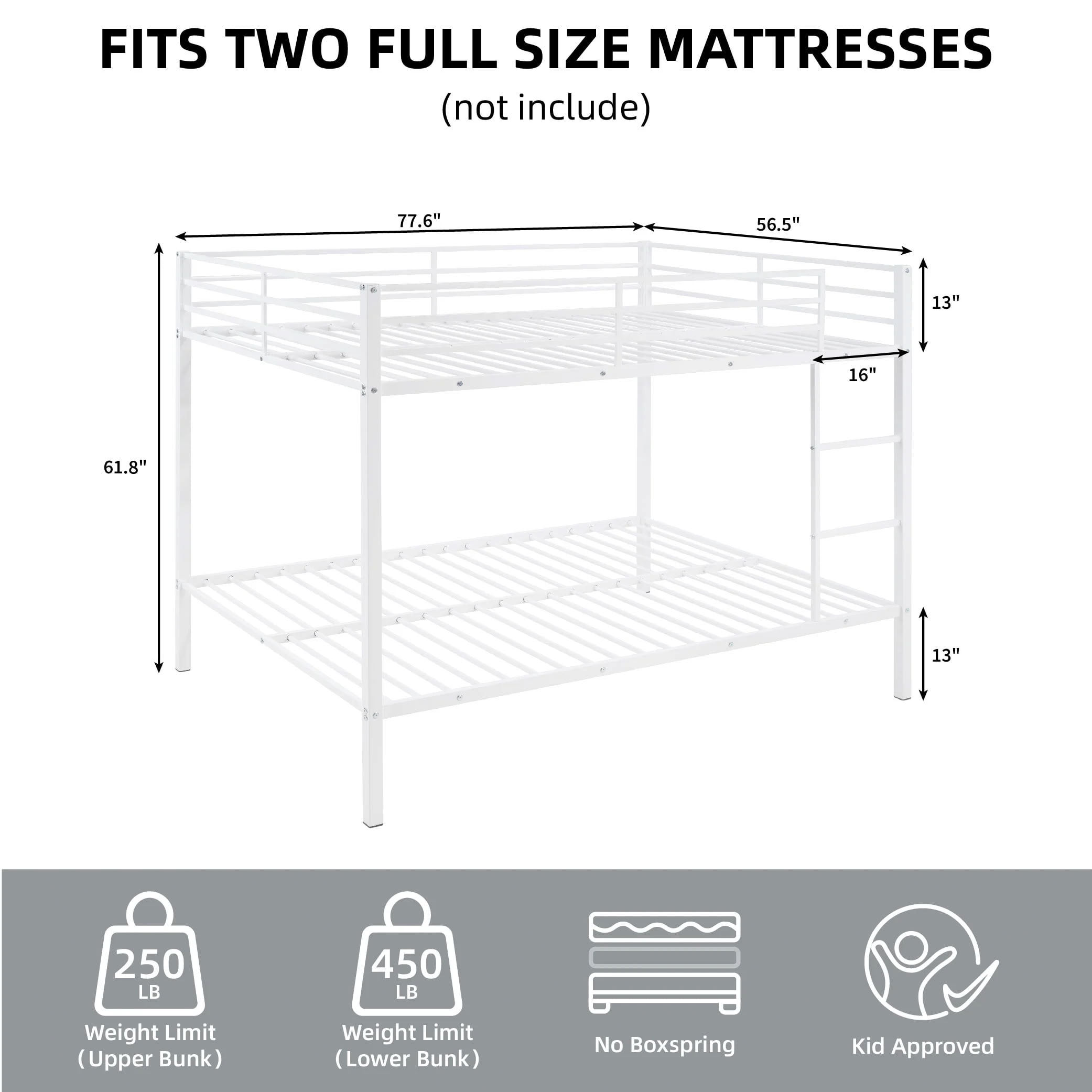MAYEERTY Full Over Full Metal Bunk Bed, Low Profile Bed Frame with Built-in Ladder and Full Length Guardrails, Space Saving for Kids Teens Dorm Room