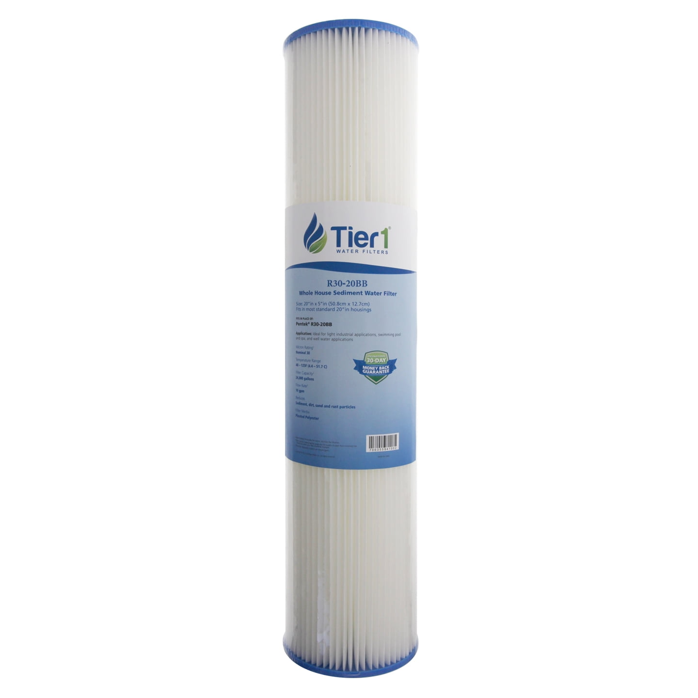 Tier1 30 Micron 20 Inch x 4.5 Inch Pleated Polyester Whole House Sediment Water Filter Replacement Cartridge Kit with O-ring and Lubricant | Compatible with Pentek R30-20BB, Home Water Filter