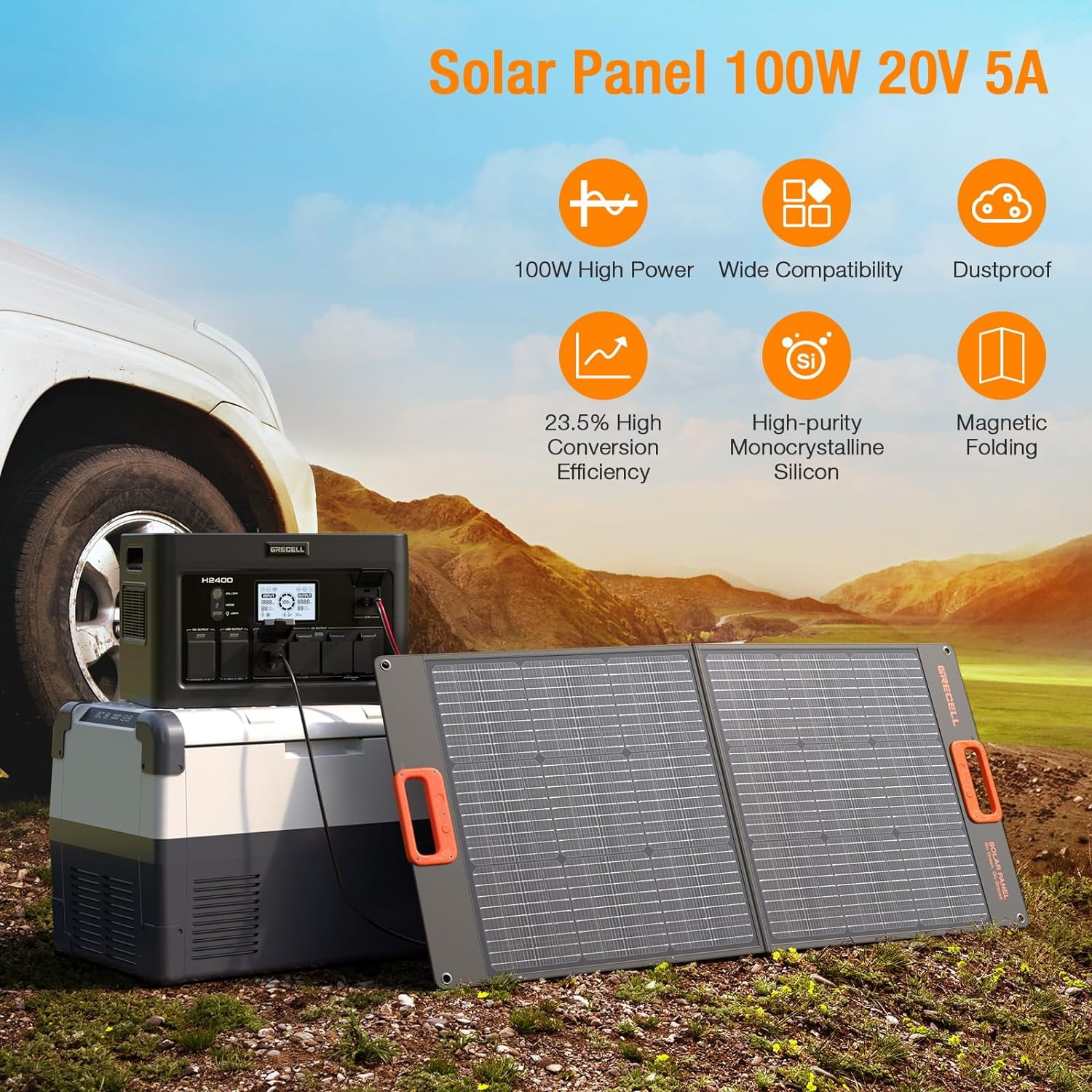GRECELL Portable Power Station 2400W Solar Generator with 100W Solar Panel, 1843Wh UPS Backup LiFePO4 Battery Power Supply with 11 Outlets(4 2400W AC Outlets,2 PD100W) for Home CPAP Camping RV