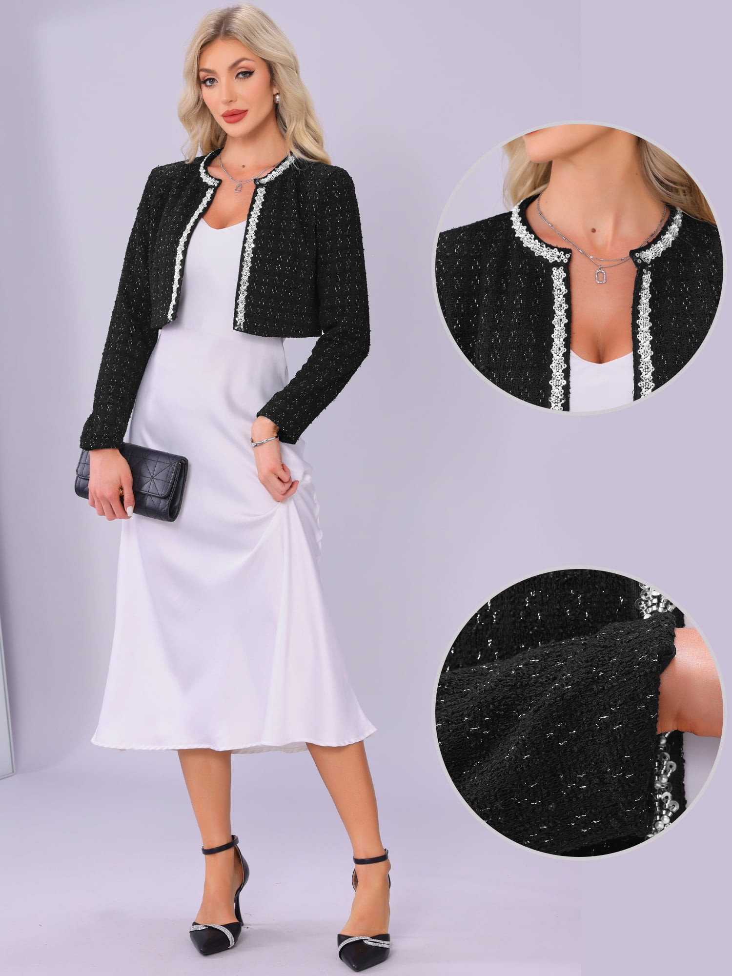 DARING DIVA Women's Long Sleeve Open Front Work Office Cropped Jacket M Black