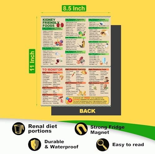 Kidney Friendly Food List Chart 8.5x11 Inch Magnetic 175 Basic Items - Renal Diet Food Chart with Serving Size, Low Potassium & Phosphorus Food Poster for CKD Meal Planning, Waterproof Fridge Magnet