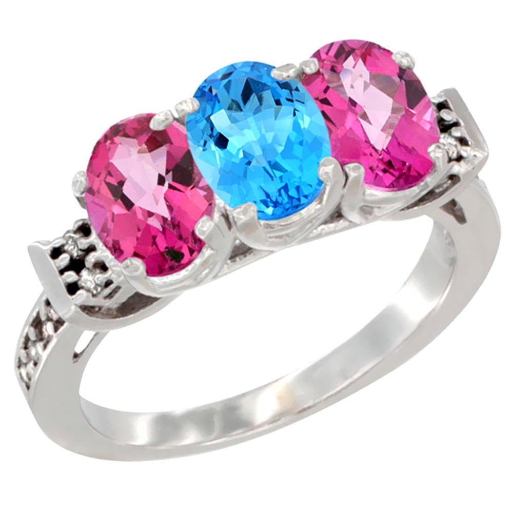 10K White Gold Natural Swiss Blue Topaz & Pink Topaz Sides Ring 3-Stone Oval 7x5 mm Diamond Accent, sizes 5 10 by WorldJewels