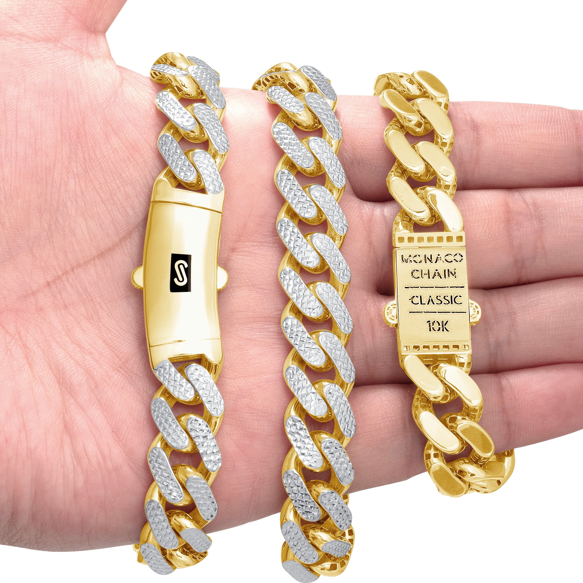 Nuragold 10k Real Yellow Gold Royal Monaco 13mm Miami Cuban Diamond Cut Pave Link Bracelet (8"-9") Two Tone Italian Jewelry for Men