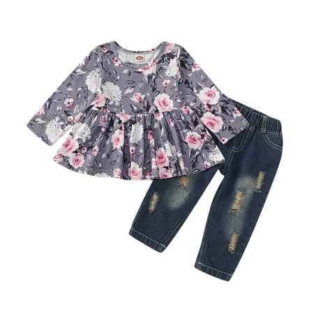 

Kucnuzki 18 Months Baby Girl Fall-Winter Outfits Pants Sets 24 Months Long Sleeve Rose Prints Comfort Ruffled Skirt Tops Elastic Ripped Denim Pants 2PCS Set Gray