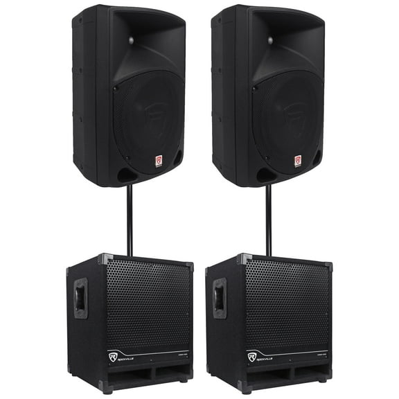 2) Rockville RPG10 10" Powered 600W DJ PA Speakers 2) Subwoofers Mounting Poles