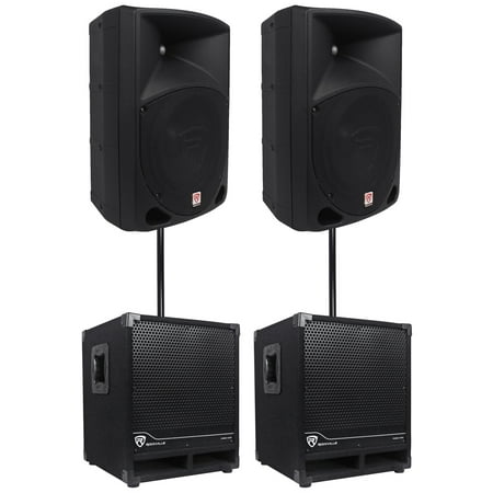 2) Rockville RPG10 10" Powered 600W DJ PA Speakers+2) Subwoofers+Mounting Poles